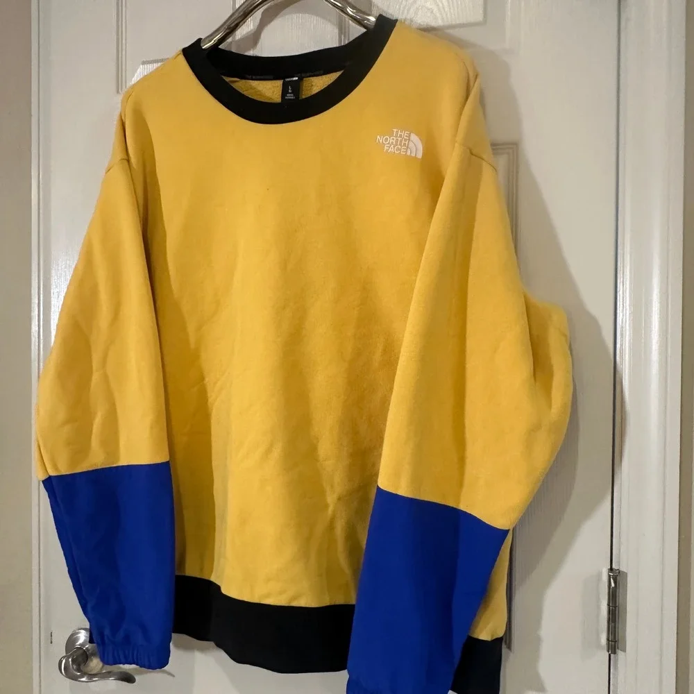 The North Face Mens Large Colorblock Crewneck Sweatshirt Yellow Blue Fleece Logo